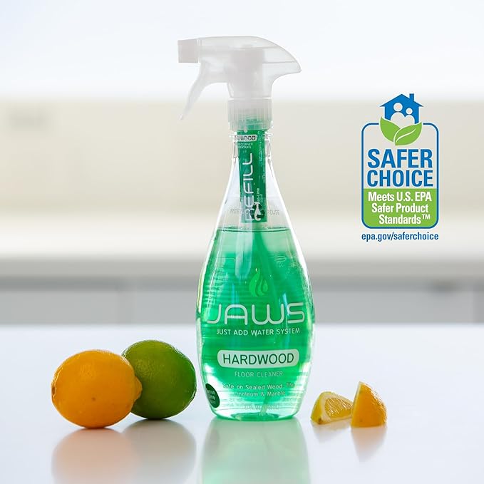 JAWS Hardwood Floor Cleaner Bottle with 2 Refill Pods. Refillable Cleaning Supplies.