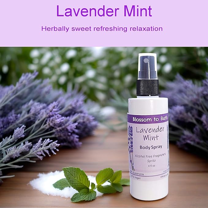 Blossom to Bath Lavender Mint Body Spray (4 Ounce) - Pure Essential Oil Fragrance - Energizes Skin with a Cheerfully Relaxing Scent