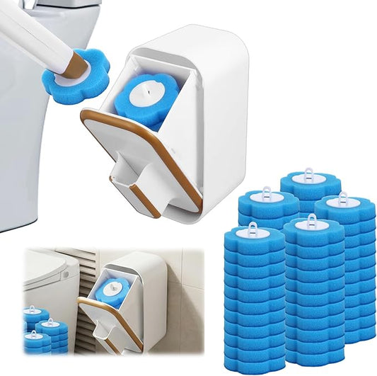 Disposable Toilet Brush with 54 Pcs Refill Heads and Holder??Includes Storage Caddy&Toilet Bowl Wand, Wall-Mount Scrubbing Toilet Brush Bathroom Cleaning Kit (1 Wand & 54 Refills)