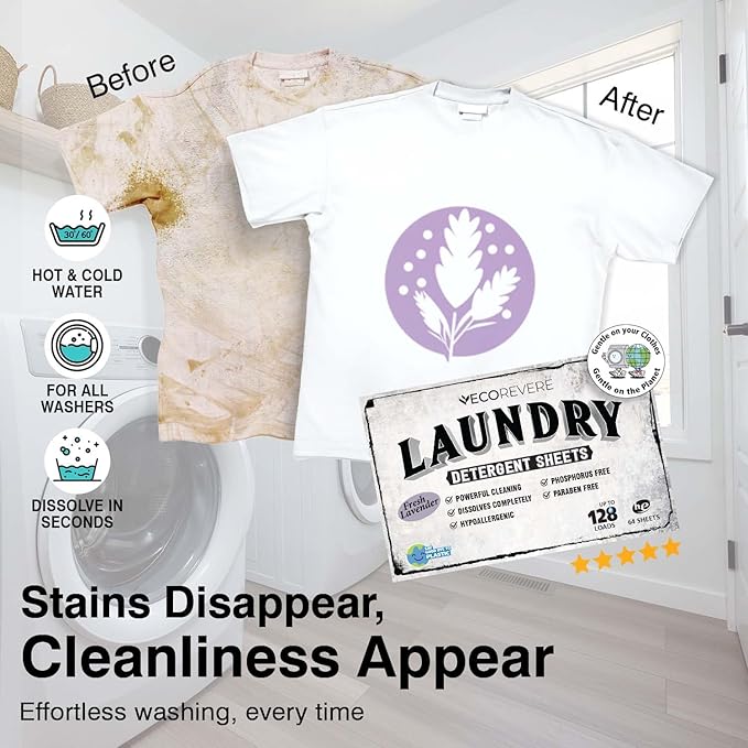 Lavender Laundry Detergent Sheets - Eco Friendly Hypoallergenic for Sensitive Skin, Natural Plant Based Washer Sheets, Travel Laundry Detergent, Chemical Free, Lavender Scent (64cnt/128 Small Loads)
