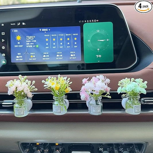 Set of 4 Cute Flower Bouquet in Glass Vase Car Air Freshener Vent Clips, Mini Artificial Flowers for Car Air Vent Decoration, Auto Interior Dash Ornament Accessories