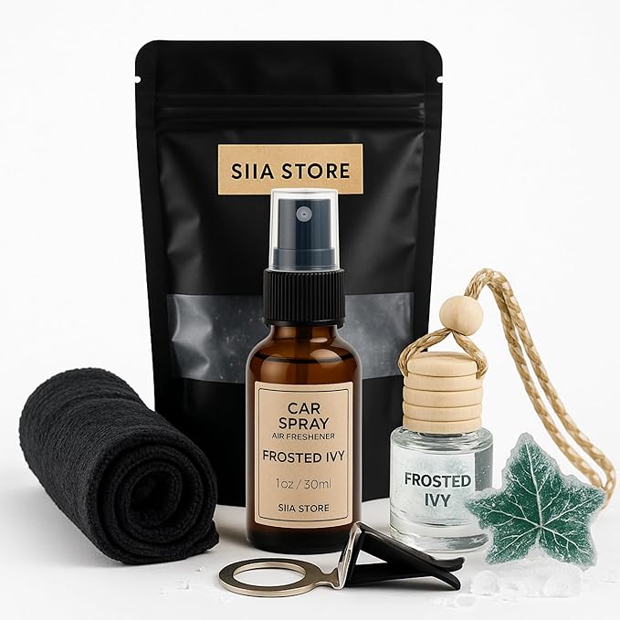 Car Air Freshener Diffuser Set – Hanging Aroma Diffuser + Essential Oil Spray | Long-Lasting Natural Scent | Car Accessories for Women & Men | Gift with Vent Clip | Frosted Ivy