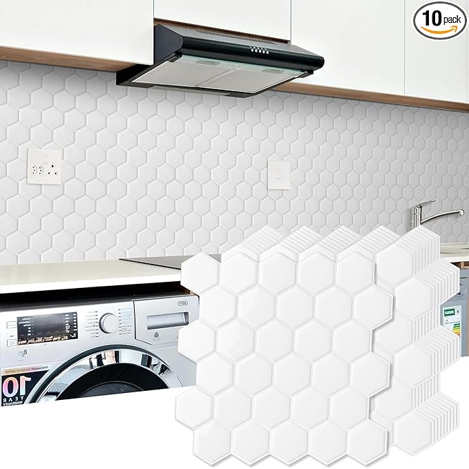 10-Sheet Hexagon Peel and Stick Backsplash for Kitchen, New Upgrade Premium Extra Thicker Design 3D Self Adhesive Wall Tiles, Large Stick on Tiles for Kitchen and Bathroom (12" x 12")