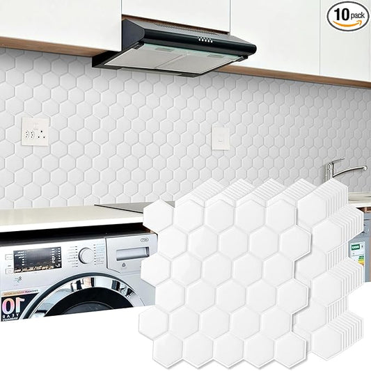 10-Sheet Hexagon Peel and Stick Backsplash for Kitchen, New Upgrade Premium Extra Thicker Design 3D Self Adhesive Wall Tiles, Large Stick on Tiles for Kitchen and Bathroom (12" x 12")