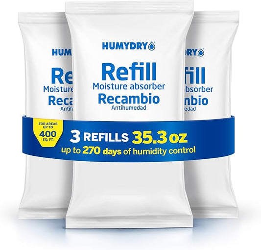 HUMYDRY Moisture Absorber Refills for 35.3 Oz Dehumidifier Device, Pack of 3 Unscented Humidity Absorber Bags, Non Electric Refill Pouches For Basements Garages Offices RVs and Large Enclosed Spaces