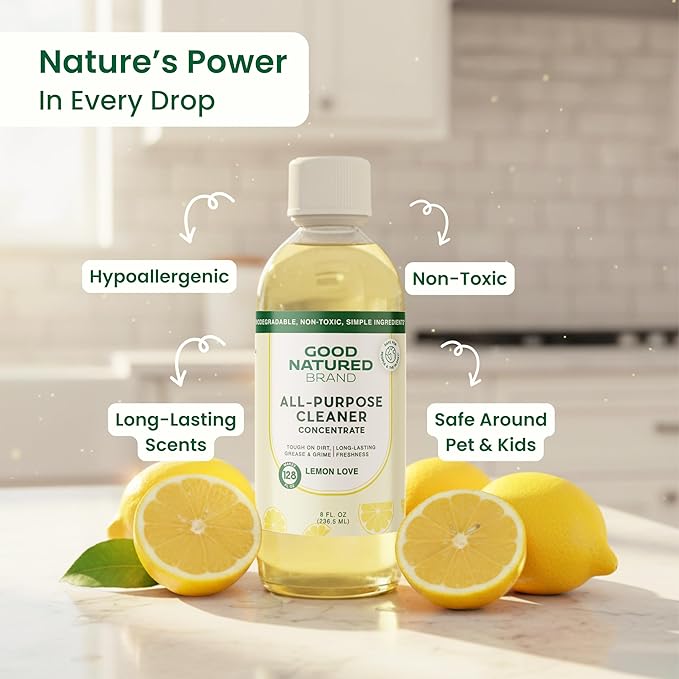 Good Natured Brand All-Purpose Cleaner Concentrate | Multi-Surface Cleaner | Natural Lemon Essential Oil | Multipurpose Cleaner Concentrate All Surfaces | Lemon Love | 8oz makes 128oz