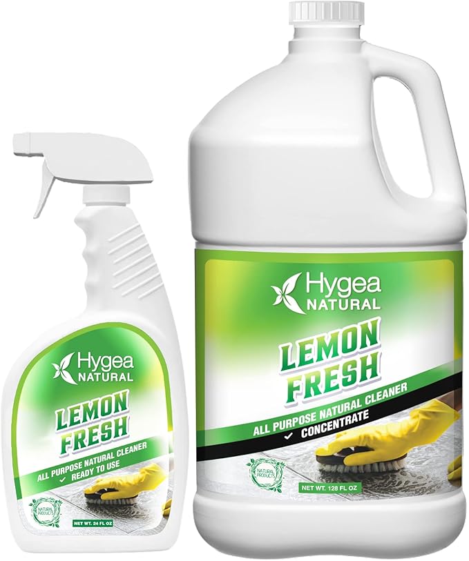 Hygea Natural Lemon Fresh All Purpose Cleaner - Chemical-Free - Removes Soil, Dirt & Grease - Wet Gloss Finish - Biodegradable, pH-Neutral & Ammonia Free (24oz Spray & 128oz Concentrated Gallon)