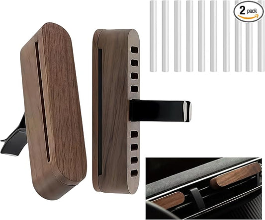 Natural Walnut Wood Vent Clip for Car (2-Pack) - Refillable Aroma Diffuser Base, Includes 10 Unscented Absorber Sticks - Elegant Air Freshener for Car, Home, Office & More