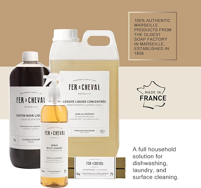 Fer à Cheval Bundles - Liquid Black Soap, Concentrated Laundry Liquid 2L/67.6oz, All-Purpose Spray Cleaner 500ml/16.9 fl oz, Stain Remover Stick with Sommières Clay