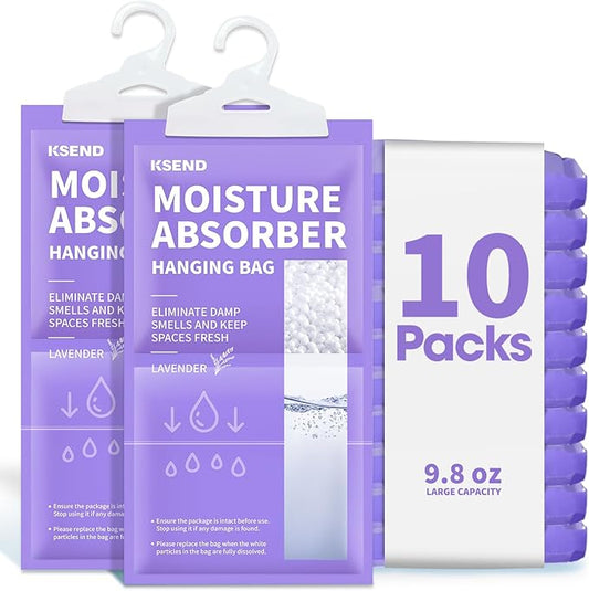 Moisture Absorbers 10 Pack, 9.8 Oz Compact Dehumidifier Bags & Packs, Moisture Hanging Bag, Humidity Absorbers, Closet Deodorizer Against Musty Odors, Lavender Scent, 11.8" x 6.3"