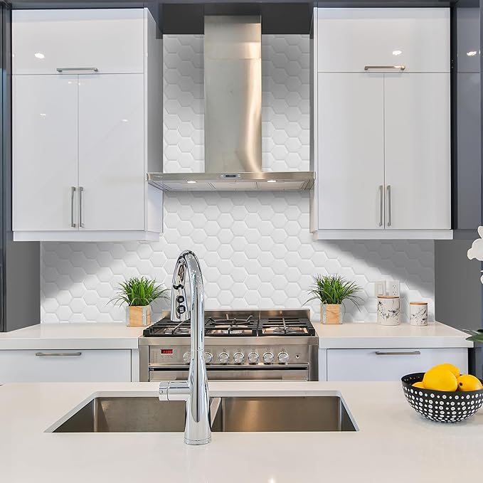 10-Sheet Hexagon Peel and Stick Backsplash for Kitchen, New Upgrade Premium Extra Thicker Design 3D Self Adhesive Wall Tiles, Large Stick on Tiles for Kitchen and Bathroom (12" x 12")