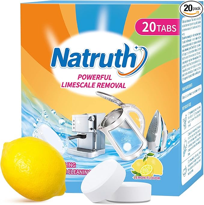 NATRUTH 20 Packs Powerful Limescale Removal,Efficient Water Bottle Cleaning Tablets,Odor-Free KETTLE & Coffee Cup Cleaner Tablets,Descaler for Coffee Machine,Natural Stainless Steel Cup Cleaners