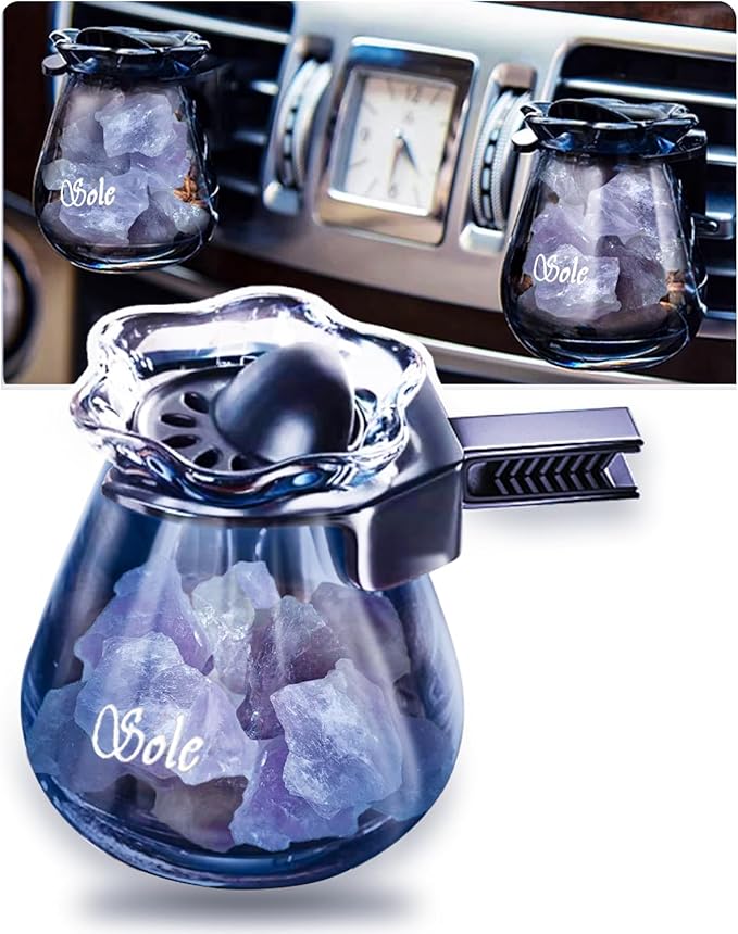 Car Diffuser Glass Bottles with Crystals Natural Stone for Spreading Essential Oils,Blue Lotus Design Glass jar as air freshener Vent Clip,car Vent Decor Accessories Pack of 2 (Purple + Purple)