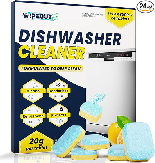 Dishwasher Cleaner – 24 Pack (1-Year Supply) Dishwasher Cleaner and Deodorizer Tablets, Odor and Smell Remover Septic Safe Natural Limescale, Calcium, Hard Water Marks & Grease Remover