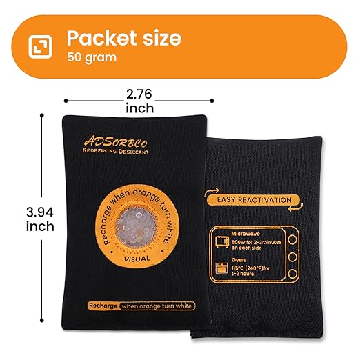 ADSorbco Rechargeable Desiccant Packs for Storage, Rechargeable Silica Gel Packets, Color Indicating Desiccant Packs for Suitcase, Storage Bins, 3D Filaments, Electronics, Cars, Safe (192, 50g)