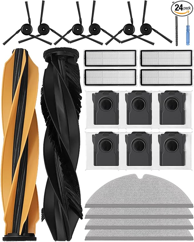 Accessories Parts for Dreame D20 Pro Plus,for Move E30 pro plus Vacuum Cleaner,24 pcs Replacement Parts :2 Main Brush,6 dust Bag,4 HEPA Filters,4 mop Pads,6 Side Brush