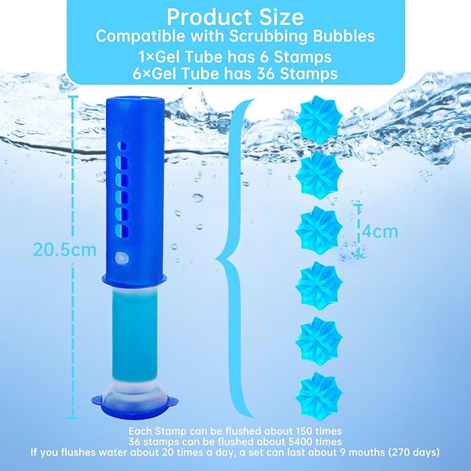 6 Packs Toilet Bowl Gel Stamp - Replacement Gel Toilet Bowl Cleaning Stamps Compatible with Scrubbing Bubbles, Stop Limescale and Rings, for Cleaning and Refreshing, 6 Pack with Dispenser