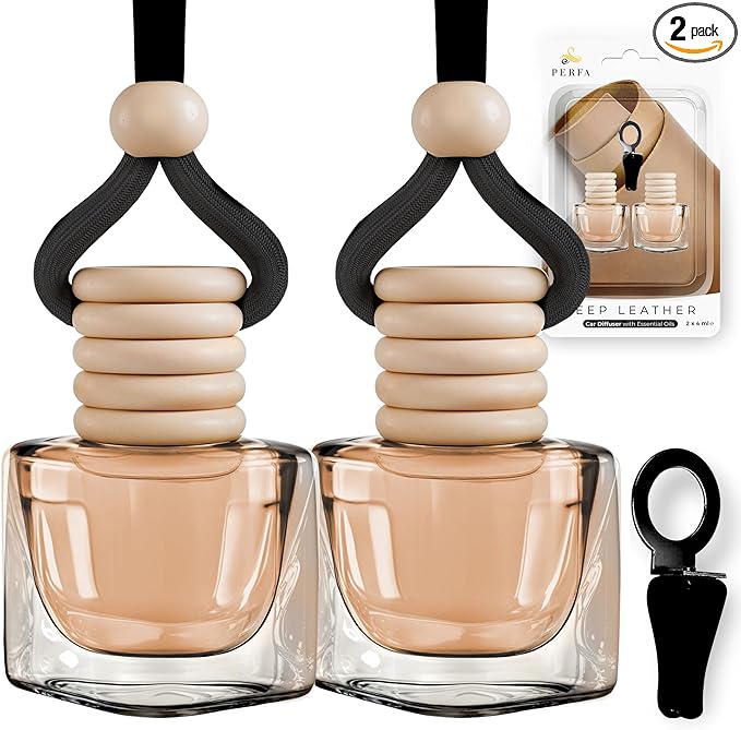 Deep Leather Car Air Freshener for Men | Pack of 2 Long Lasting Automotive Air Freshener | Odor Eliminator Car Perfume with Essential Oils | Car Air Freshener Vent Clip by Perfa