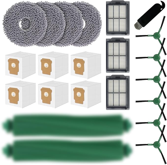 Replacement Parts for iRobot Roomba Plus 405 (G181/G185) Combo, Plus 505/507 Combo Robot Vacuum Cleaner Accessories, 2 Roller Brushes, 3 Filters, 4 Mop Pads, 6 Side Brushes, 6 Vacuum Bags