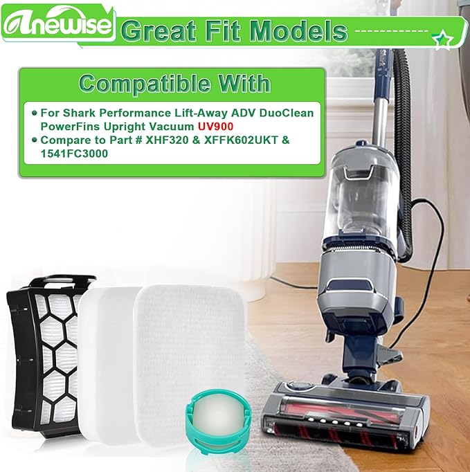 Filter Replacement for Shark UV900 UV950 Pet Performance Lift-Away DuoClean PowerFins Upright Vacuum, 2 HEPA +4 Foam Felt Filters+4 Odor Neutralizer Cartridges, Part #XFFK602UKT, XHF320