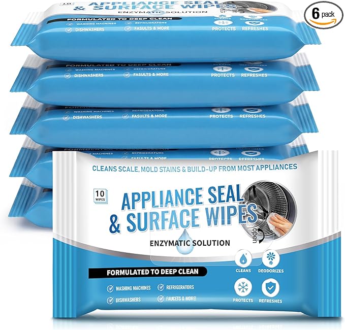 6 Pack 60 Pcs Home Appliance Surface Cleaner Wipes Heavy Duty Wipes for Cleaning Front Loading Washing Machine, Dryer Stainless Steel Refrigerator, Glass Cooktop, Microwave, Dishwasher, Counter