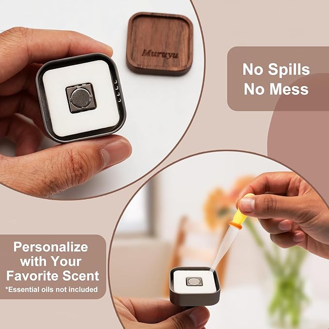 Car Vent Diffuser, Walnut Wood & Zinc Alloy with Magnetic Cover, Refillable Car Air Freshener with 2 Refill Pads (No Essential Oils)