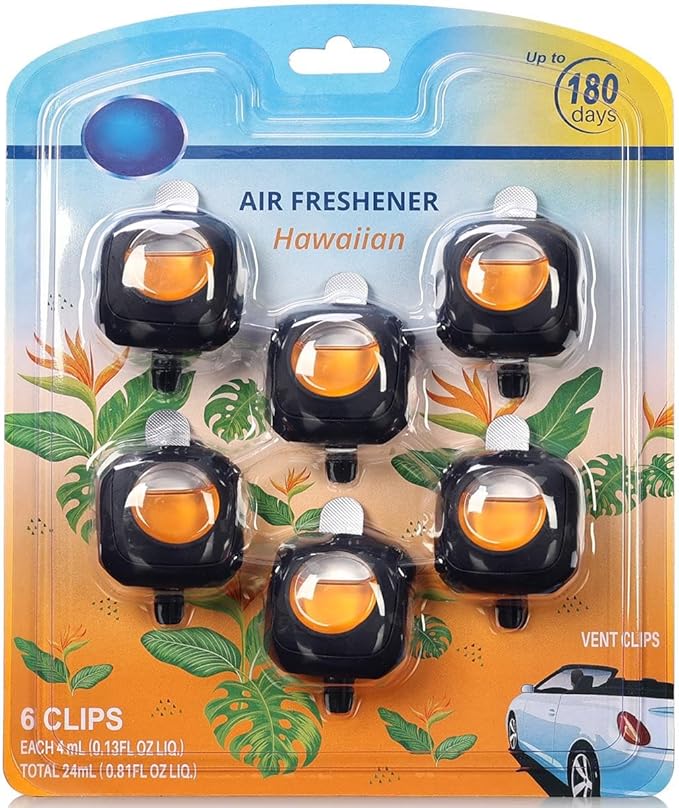 Car Air Freshener Vent Clip, 6 Count Hawaii Scent Odor Eliminator for Up to 180 Days, Natural Essential Oil Car Accessories for Women and Men, Car Freshners, 4ml Each