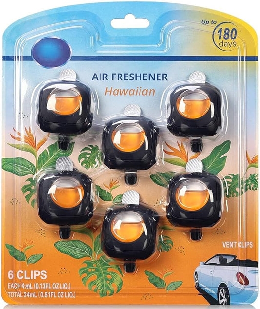 Car Air Freshener Vent Clip, 6 Count Hawaii Scent Odor Eliminator for Up to 180 Days, Natural Essential Oil Car Accessories for Women and Men, Car Freshners, 4ml Each