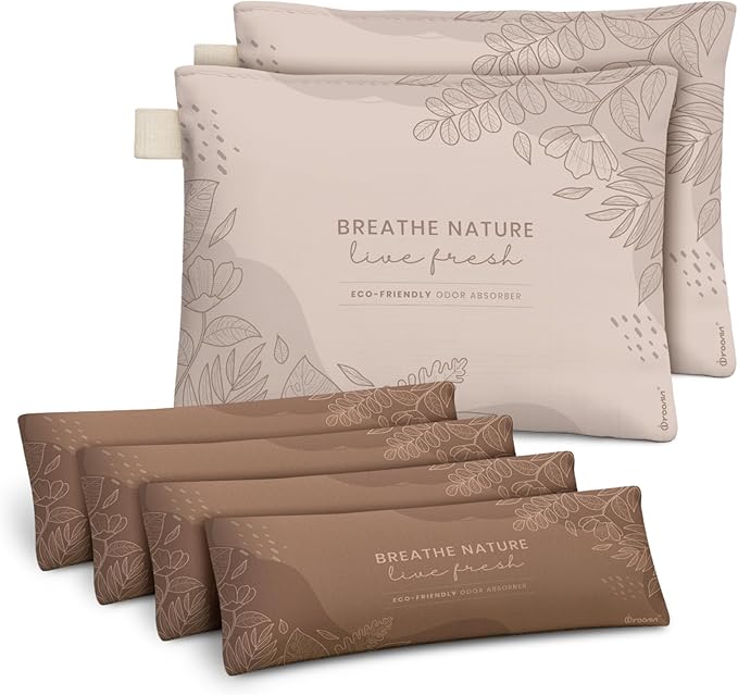Roonin Bamboo Charcoal Bags Odor Absorber (6-Pack), Natural Air Purifier & Pet Safe Deodorizer for Home, Car and Closet - Odor Remover for Strong Smells