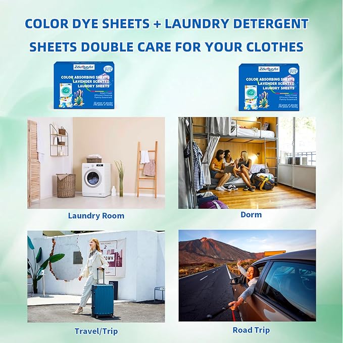 2-in-1 Laundry Detergent Sheets & Color Catcher Sheets, 290 Loads, Fast Dissolve Hypoallergenic Stain Remover - No Color Bleeding Fresh Lavender Scent for Home Dorms Travel