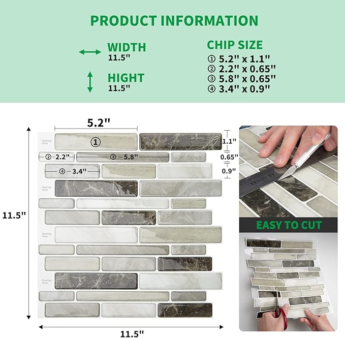LONGKING Self-Adhesive Kitchen Backsplash, Marble Look Decorative Tiles (10 Tiles) (Light Brown)