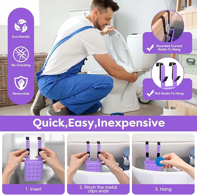 Adjustable Toilet Tank Tablet Holder-Hanging Silicone Basket Carrier with Rustproof Hooks for Bowl Cleaner & Bleach Tablet Hanger Pouch Organizer, Accessory Fit Up to 7" Water Level