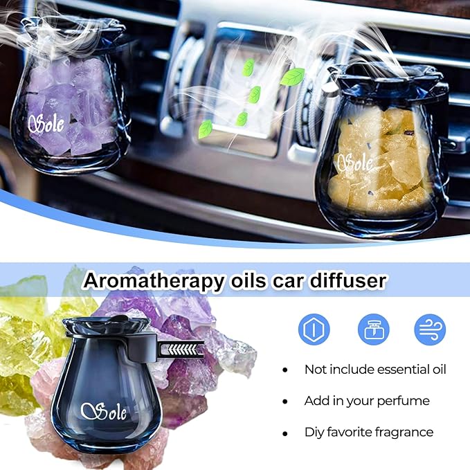 Car Diffuser Glass Bottles with Crystals Natural Stone for Spreading Essential Oils,Blue Lotus Design Glass jar as air freshener Vent Clip,car Vent Decor Accessories (Green + Purple)
