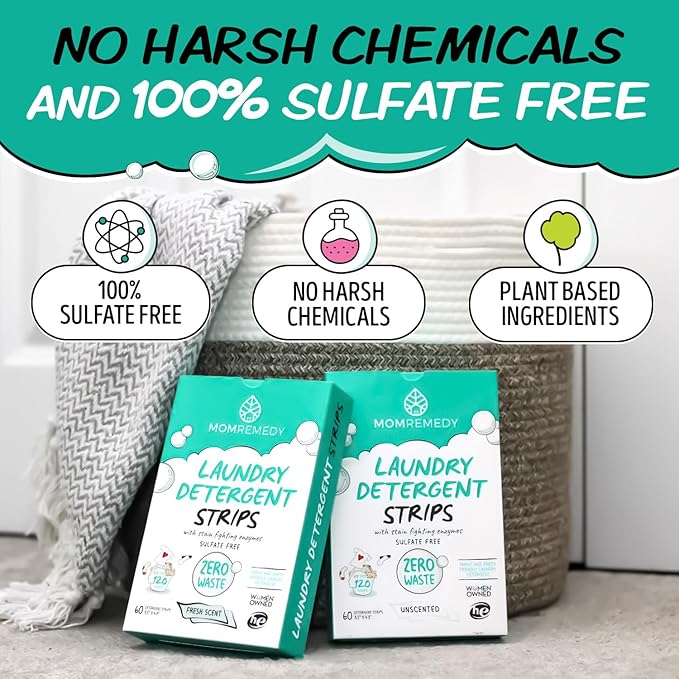 MomRemedy Laundry Detergent Sheets with Powerful Stain Fighting Enzymes - Made in EU, Sulfate Free, Zero Waste Laundry Sheets Detergent in Recyclable Packaging - Travel Friendly 60 Count (Unscented)