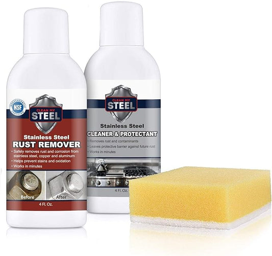 CLEAN MY STEEL ??Stainless Steel Rust Stain Remover Kit with Protector ??Fast Acting for Commercial Equipment Rust Cleaner for Appliances, Grills & More ??Food-Safe Stainless Steel Cleaner (4 oz)