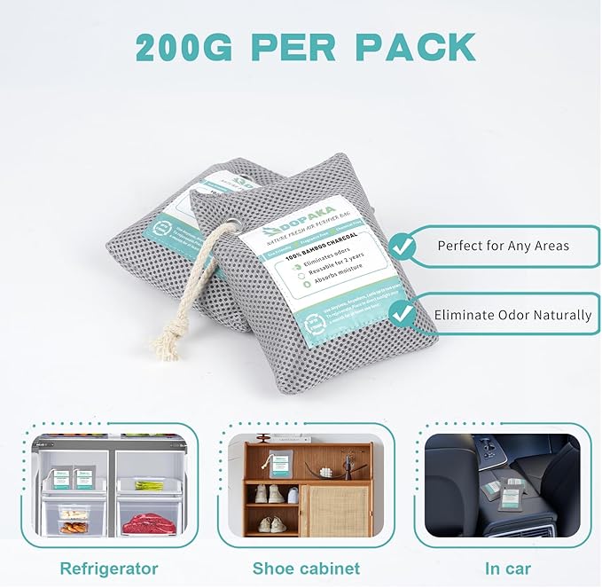 Nature Fresh Air Purifier Bags, Activated Charcoal Air Purifying Bag,Moisture Absorber,odor eliminator,Natural Car Air Freshener,Shoe Deodorizer,Odor Eliminators For Home, Pet, Closet (200g*4)