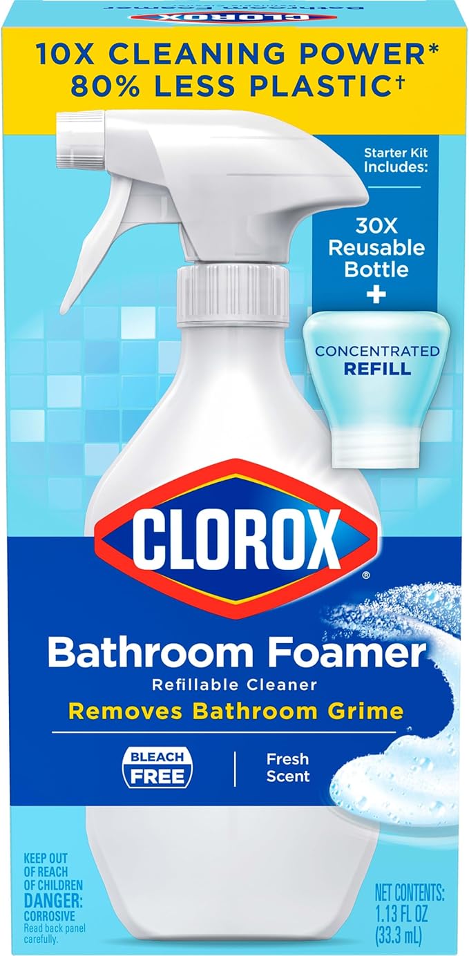 Clorox Bathroom Foamer Refillable Cleaner, Household Essentials, 1 Bottle and 1 Refill, Fresh Scent, 1.13 Fl Oz