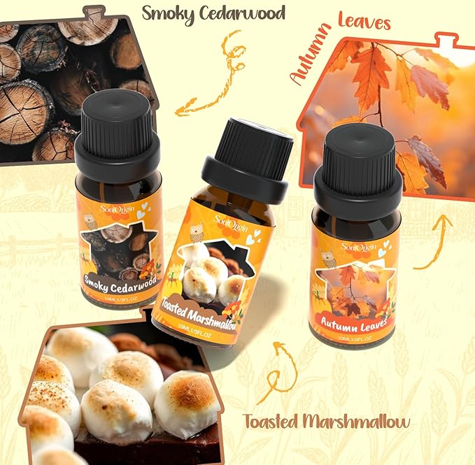 Fall Cozy Cabin Fragrance Oils Set, Essential Oil for Diffuser, Use for Soap Candle Making-Smoky Cedar Wood, Roasted Marshmallows, Autumn Leaves, Warm Flannel, Fireplace Time, Pumpkin Patch