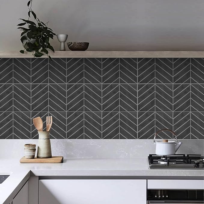 New Upgrade Herringbone Premium Kitchen Backsplash, Peel and Stick Subway Tile, Black 10-Sheet