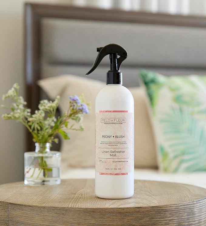 FIELD FLEUR Peony Blush Linen & Room Spray 15.5 oz - Aromatic & Refreshing Bedding & Fabric Mist - Air Freshener for Clothes & Sofas - Notes of Peony, Geranium & Ylang-Ylang - Made in USA