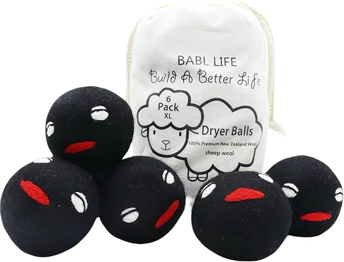 Wool Dryer Balls Pack of 6 XL,Reusable New Zealand Natural Fabric Softener,Saves Drying Time, Handmade Dryer Balls-Updated Version(Made of The Latest Shearing) 3 Inch Black (Pack of 6)