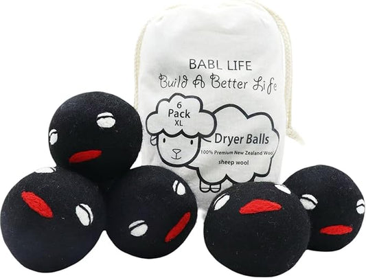Wool Dryer Balls Pack of 6 XL,Reusable New Zealand Natural Fabric Softener,Saves Drying Time, Handmade Dryer Balls-Updated Version(Made of The Latest Shearing) 3 Inch Black (Pack of 6)