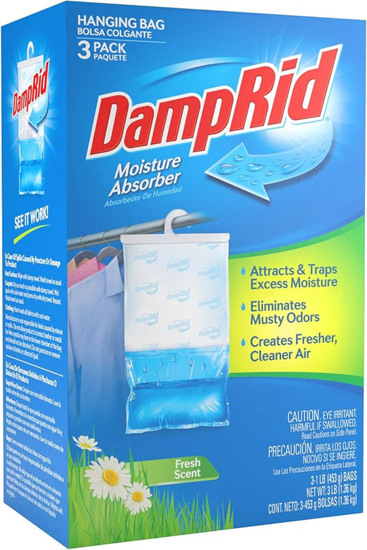 DampRid Hanging Bag, Moisture Absorber, Pack of 3 (16 oz. ea.), 3 Pack, Blue