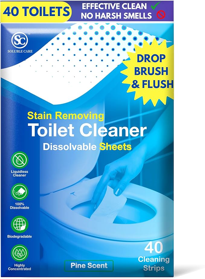 Dissolvable Toilet Bowl Cleaner Sheets (No Bottles, Easy Clean, Quick-Dissolving, Mess-Free, Septic-Safe Cleaning for Home & Office) - 40 Sheets, Pine Scent