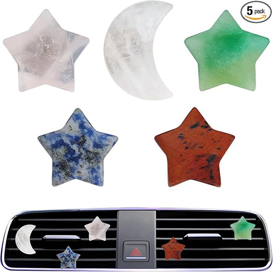Boho Car Decor, 5pcs Stars Moon Air Vent Clips, Natural Stone Crystals Air Vent Clips, Refillable Car Fresheners,Hippie Decorations Accessories for Women, Best Wishes for Lover and Friend