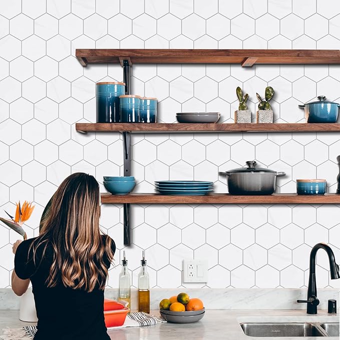 New Upgrade Premium Hexagon Peel and Stick Tile Backsplash, White Waterproof Stick on Backsplash, Self-Adhesive Marble Tiles for Kitchen,Bathroom and Bedroom，10-Sheet.