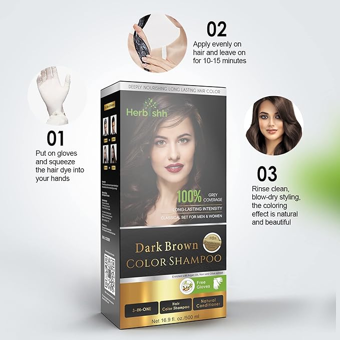 Herbishh Hair Color Shampoo for Gray Hair Dark Brown 500 ML - Dye Shield or Defender - Hair Color Stain Remover Wipes - Travel Pack With 5 Wipes