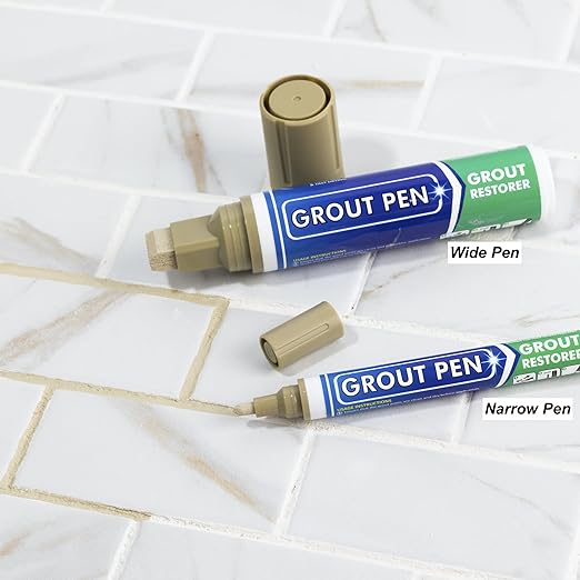 Grout Pen Tile Paint Marker: Beige 1 Pack and 2 Pack with Extra Tips (Narrow, 5mm) - Waterproof Grout Colorant and Sealer Pen to Renew, Repair, and Refresh Tile Grout - Cleaner Floor Pens