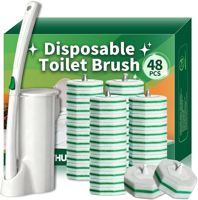 Disposable Toilet Brush, Toilet Bowl Cleaning System with 48 Count Wand Refill, Clean Brush Starter Kit with 1 Toilet Wand, 1 Storage Caddy and 1 wall Sticker (White)