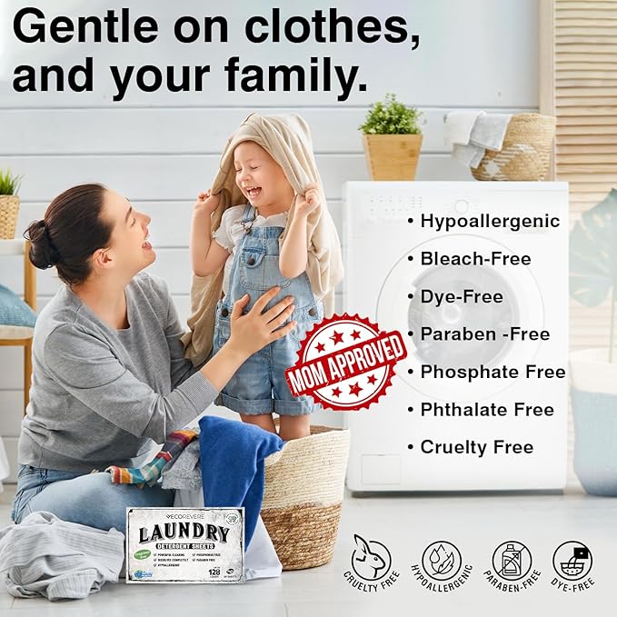 Laundry Detergent Sheets - Eco Friendly Hypoallergenic for sensitive skin, Natural Plant Based Washer Sheets, Travel Laundry Detergent, Chemical Free (64cnt/128 Small Loads) Unscented, Fragrance-Free